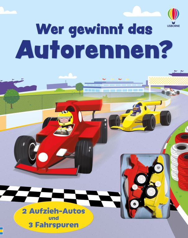 Wer gewinnt das Autorennen? mit zwei Aufziehautos und drei Rennstrecken
