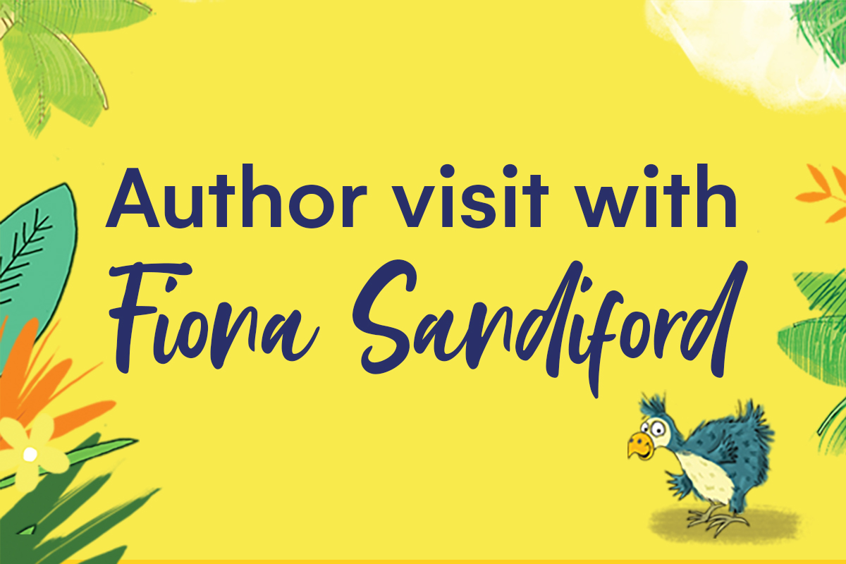 Author visit with Fiona Sandiford banner with an illustration of a blue chicken on a yellow background.
