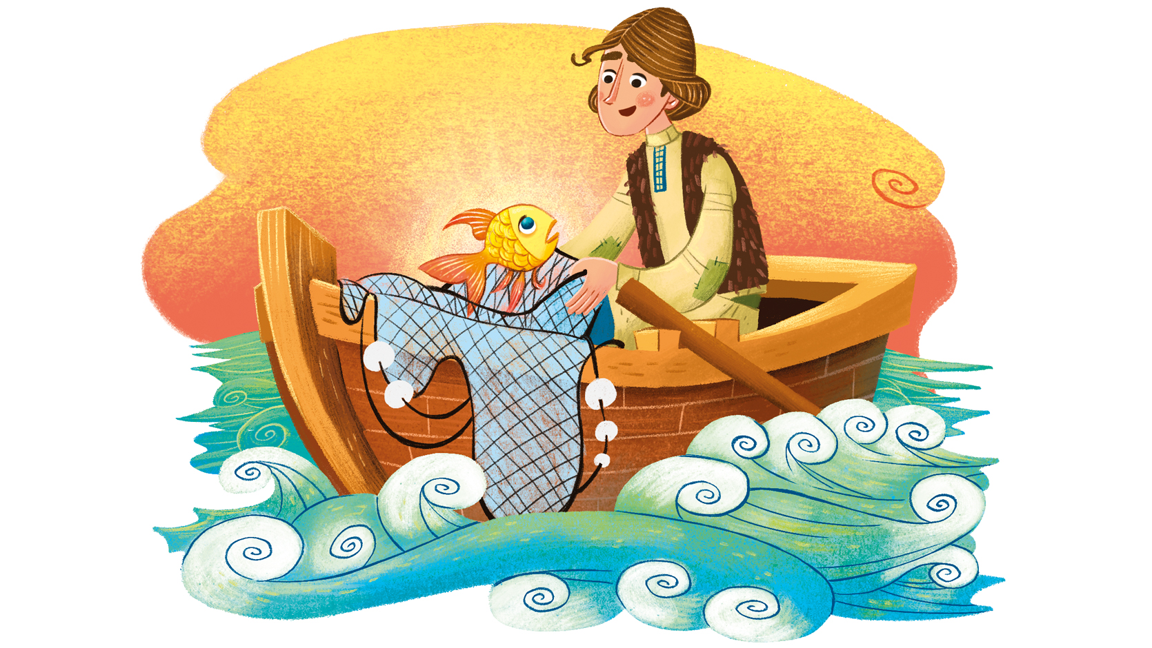 Illustration of a man in a boat and a small goldfish jumping out of the water.
