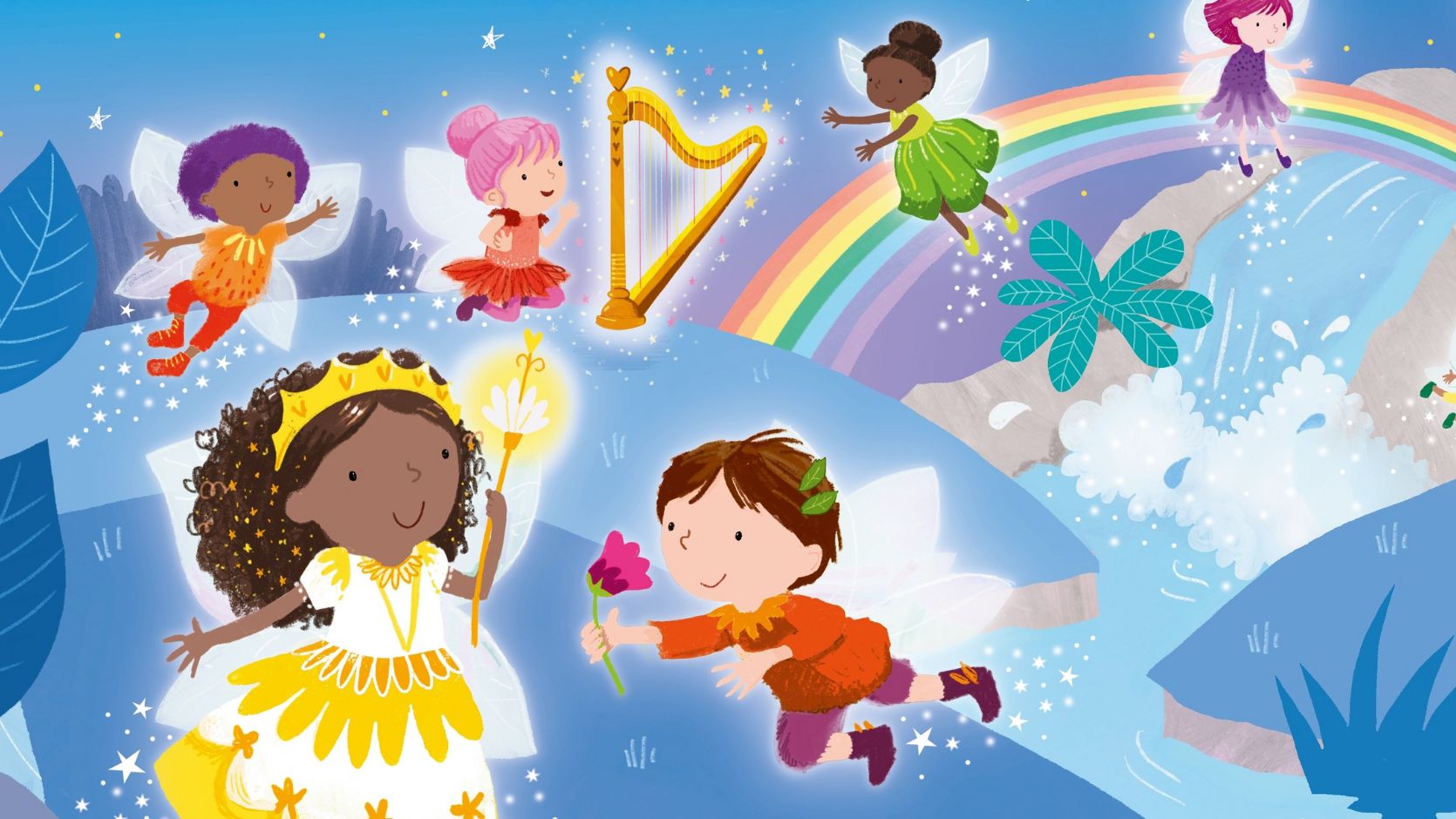 Illustration of fairies flying over the rainbow.