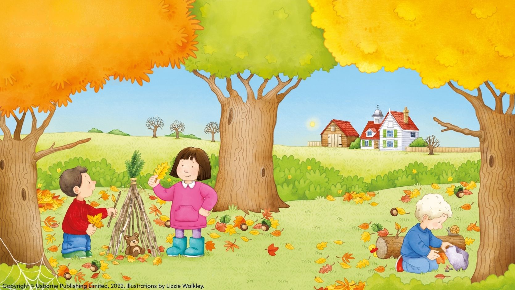 Illustration of young children playing on a field in fall.