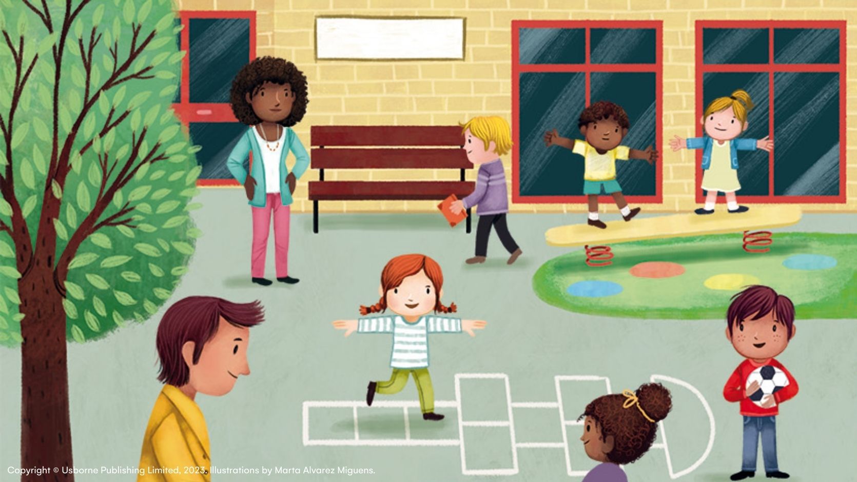 An illustration of children in a school playground.