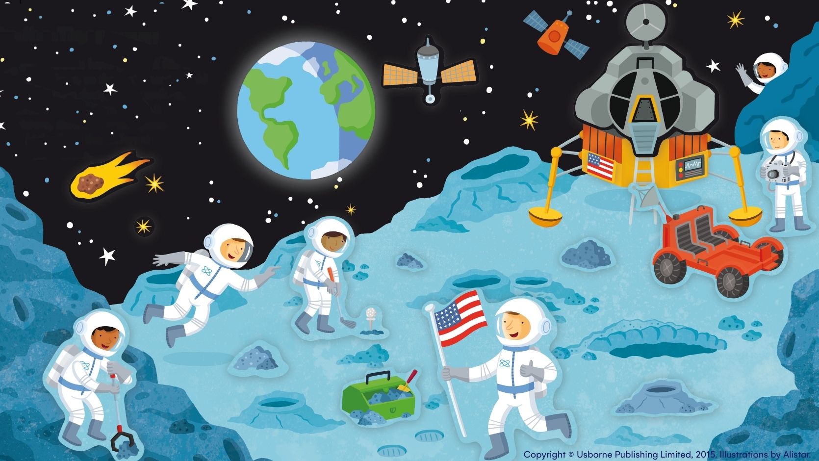 Illustration of astronauts exploring a planet in outer space.