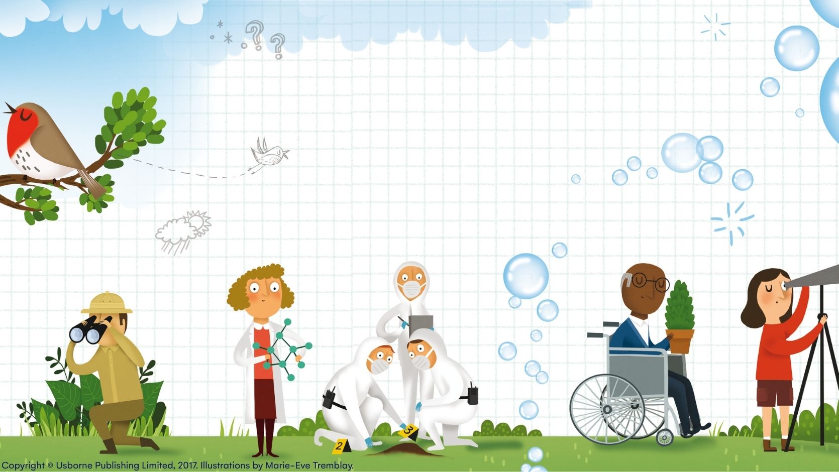 Illustration of various scientists investigating in a field.
