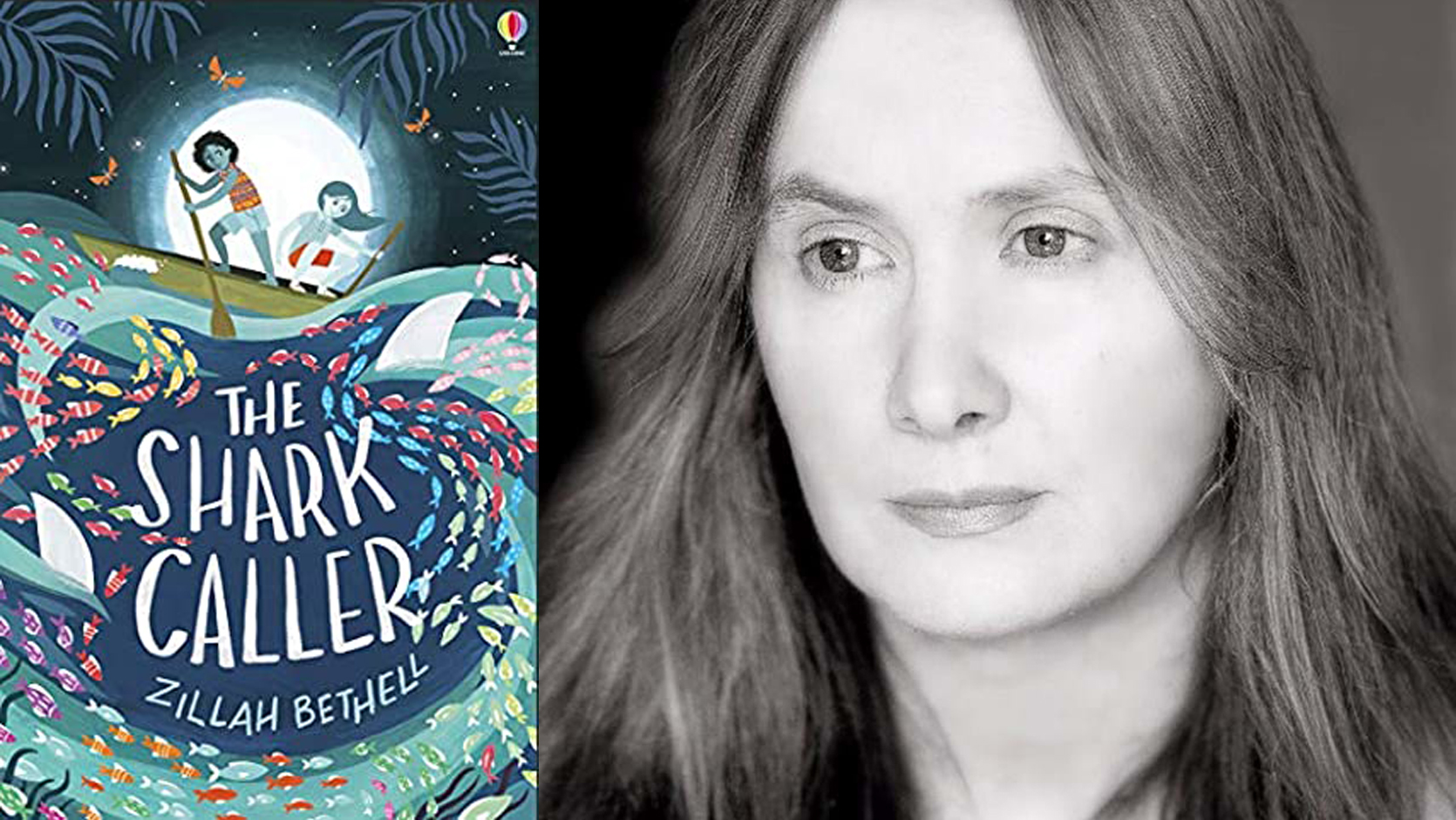 A woman looking off to the side next to a book cover.